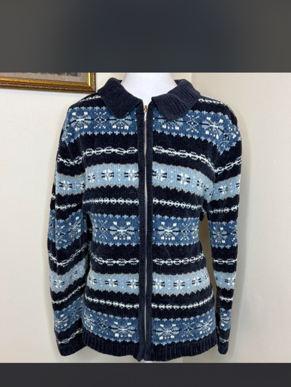 Source Unknown Navy and Light Blue Fair Isle Zip Cardigan